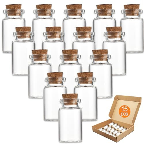Ormromra 15Pcs Small Glass Bottles With Cork Lids, 8ml Mini Spell Jars Small Message Bottles Tiny Wishing Bottles Miniature Potion Bottle for Halloween Decorations Diy Arts Crafts Weddings Jewelry