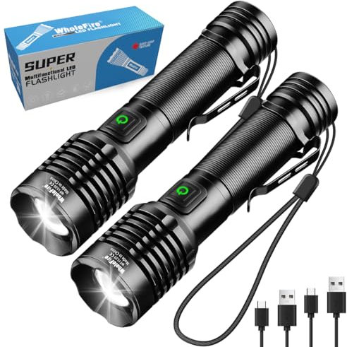 WholeFire 2 Piece Rechargeable LED Torch, Super Bright 20000 Lumen LED Flashlight, Battery Powered Waterproof Flashlight