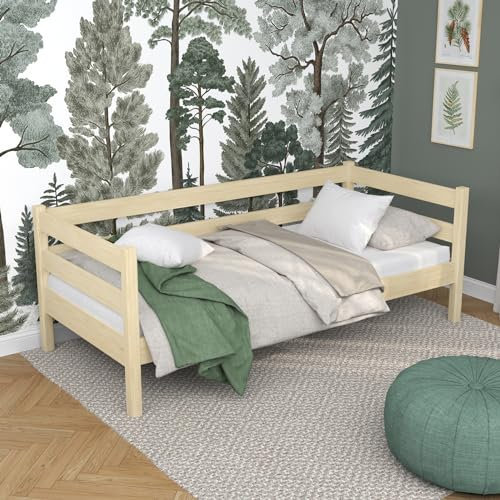 N-Wood N01 Massivholzbett 90x190 cm, Tagesbett, Bettgestel mit lattenrost, Bett für Kinder, Jugendliche und Erwachsene, sichere abgerundete Kanten, Hochwertige und umweltfreundliche Lacke, Kiefer klar
