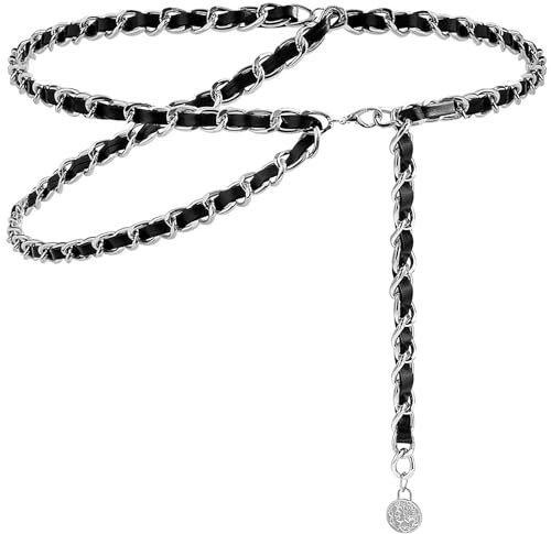 LIMHOO Leather Chain Belt for Women Layered Metal Waist Belt Adjustable Waist Chain for Dress Vest Jeans (Silver Black 2 XL)