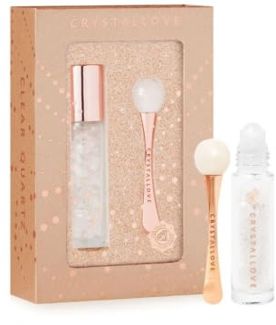CRYSTALLOVE Clear Quartz 3D Eye Set - Augenmassager aus Bergkristall + 10 ml Roll-on-Flasche, Augenpflege Massage-Set