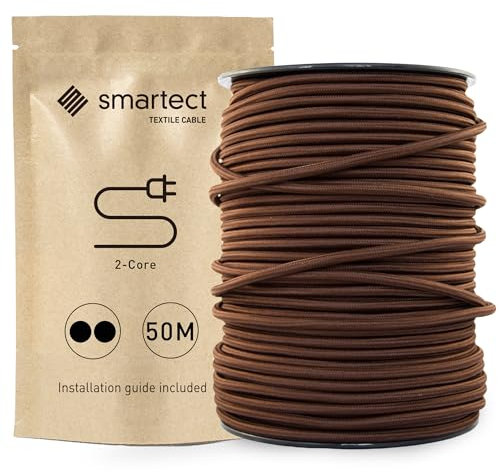 smartect Cavo Elettrico Tessile Marrone, 50 Metri Filo Elettrico Vintage, Bipolare (2 x 0.75mm²) Cavo Elettrico Rivestito in Tessuto per Fai da Te