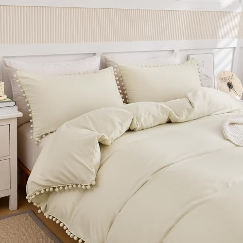 WONGS BEDDING Cream Duvet Cover Double Size Pom Pom Tassels Bedding Cover Soft Microfiber Bedding Set with Zipper Closure (200x200cm)