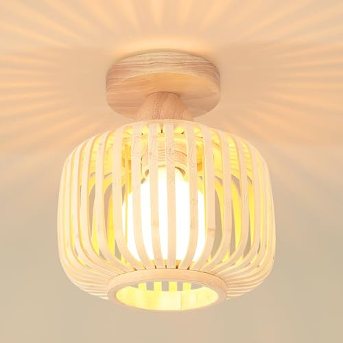 iDEGU Vintage Deckenleuchte, Ø18 cm Modern Deckenlampe Käfig Design Lampenschirm aus Bambus und Holz Industrielle Deckenleuchte E27 Kronleuchter für Flur Schlafzimmer Küche Wohnzimmer