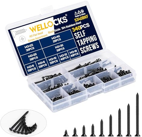 WELLOCKS Selbstschneidende Schrauben | 340 PCS M3 Schwarzes Oxid Edelstahl Schrauben Sortiment Kit | Flacher Kopf Blechschrauben Holzschrauben Set Aufbewahrungsbox | für Reparatur (S340BKF)