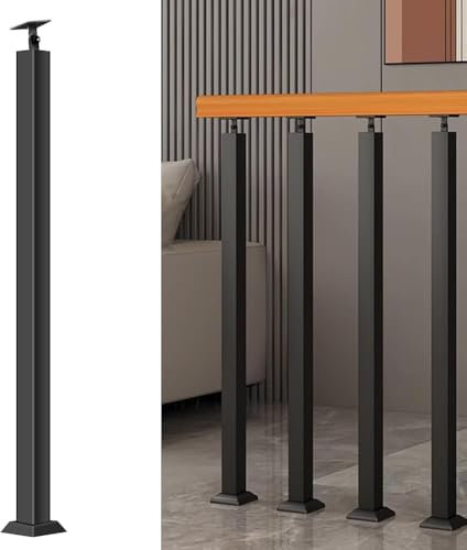 Square Stair Baluster Posts - 270°Adjustable Metal Railing Spindles with Flat Bracket Base,Black Iron Banister Posts for Deck, Balcony, Stair, Decor Railing(Size:3.28ft/100cm,Color:1 Pack Front Mount)