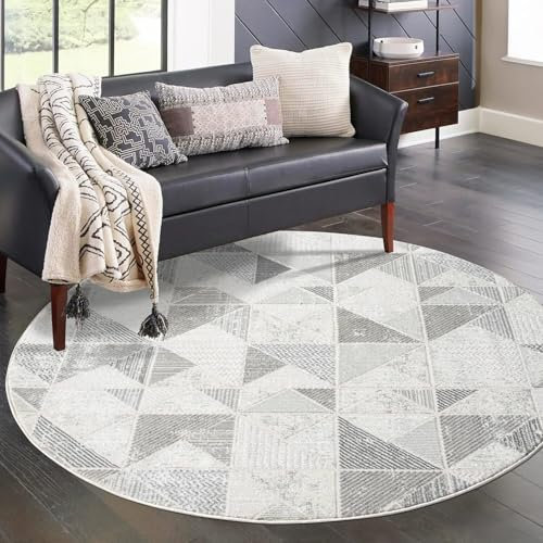 carpet city Teppich Wohnzimmer - Grau - 160 cm Rund - Klassisch Modern - Geometrisches Muster - Teppiche Kurzflor Schlafzimmer, Esszimmer