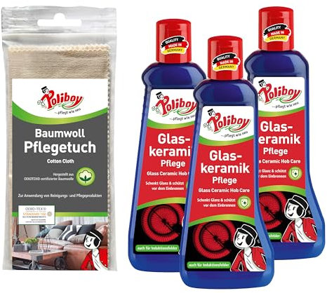 POLIBOY Glaskeramik Pflege - Keramikpflege mit Einbrennschutz - Kochfeldreiniger für Glaskeramik - 3x 200 ml - Mit Baumwolltuch - Made in Germany