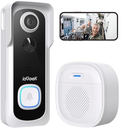 ieGeek 2K Timbre Inalámbrico con Cámara, Timbre Inalámbrico Exterior Impermeable, sin cuotas de suscripción, Timbre Videoportero Detección Humana PIR, Visión Nocturna, Audio Bidireccional, 2,4 G WiFi