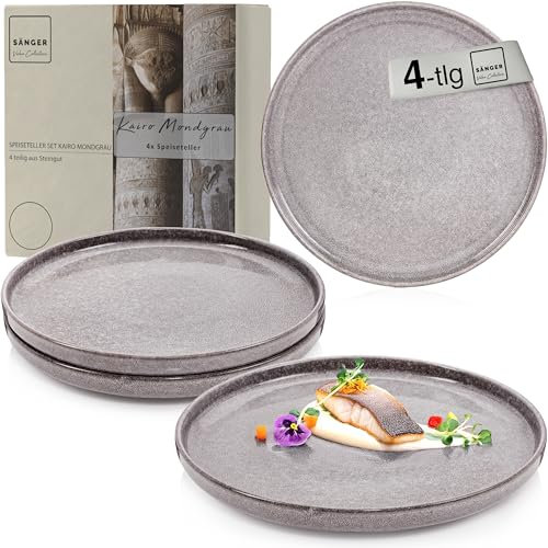 Sänger Kairo Mondgrau | Teller Set 4 Personen, 4 Speiseteller Set aus Steingut, Dinner Set kratz- mikrowellen- spülmaschinenfest, Steingut Teller Essteller Essgeschirr, Dunkelgrau | VALUE COLLECTION