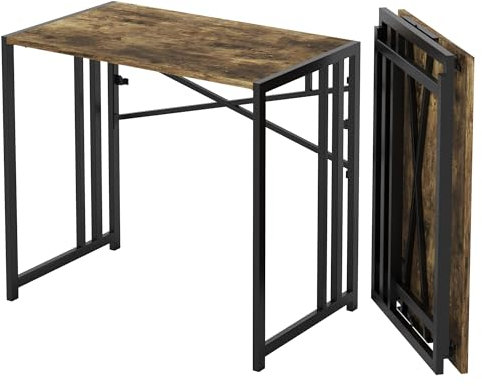 Lutown-Teen 90 cm Small Folding Computer Desk, Writing Gaming Computer Desk for Small Spaces, No Assembly Required Home Office Table, Rustic Brown