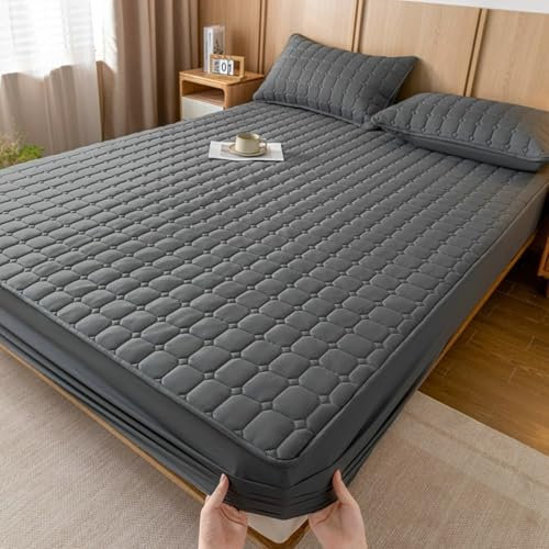 AMDXD Betttuch 200x220cm Verstaubar, Kariert Muster Bettlaken Unterlage Einfarbig Schwarz Grau Textilien Klassische, Polyester Baumwolle Tagesdecken für Boxspringbett & Wasserbett