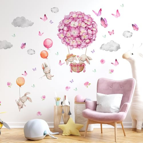 Purekay Rosa Wandtattoo Heißluftballon Wandaufkleber Tiere Ballon Blumen Kaninchen Wandsticker Babyzimmer Kinderzimmer Mädchen Schlafzimmer Wanddeko