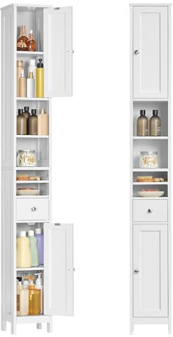 VASAGLE Tall Bathroom Cabinet, Slim Bathroom Storage Cabinet, Freestanding Narrow Storage Unit with Adjustable Shelves, Drawer, Open Compartments, for Small Spaces, Modern, Cloud White BBC765W01