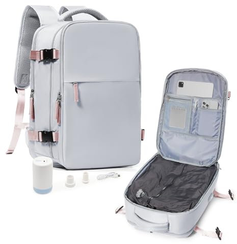 suradar Sac a dos Sous Vide Voyage Cabine Avion Avec Pompe, Bagage Cabine 45x36x20 Easyjet Compression Cous Vide Sacs à Dos Ordinateur Portable 15.6 Pouces Homme Femme Gris