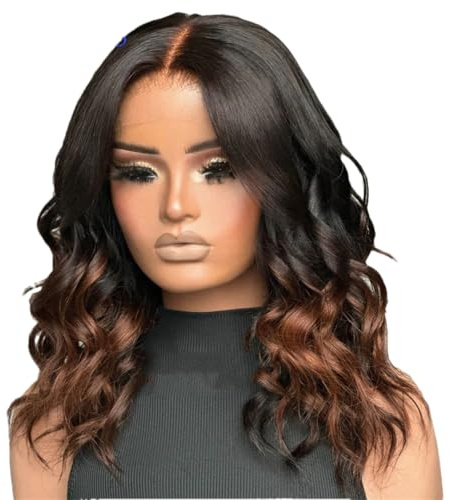 Ombré-Braune, Schulterlange Echthaar-Bob-Perücke Für Frauen, Kurze, Gewellte 33 X 10 Cm Lace-Front-Perücke, 40,6 Cm, Vorgezupfte, Klebefreie Perücke