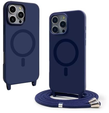 VAVAVOOMY Handykette Hülle für iPhone 15 Pro(6.1) mit Band Halsband Lanyard (abnehmbar) Handyhülle, Verstellbarer Lanyard.Magnetisch Stoßfest Silikonhülle Wireless Charging kompatibel .-Blau