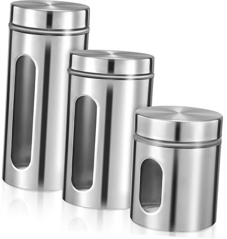 POPETPOP 3pezzi Contenitore in Acciaio Inossidabile Con Vetro Trasparente Per Cucina Fondo Spesso e Antiscivolo Design Di Tenuta Per Alimenti Cereali e Spezie