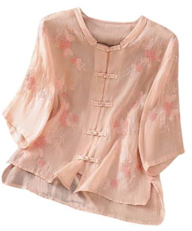 3/4 Length Sleeve Ladies Tops 2025 Spring Henley Neck Floral Print UK T Shirts Three Quarter Sleeve Fashion Blouse Thin Hooded Sweatshirts Jumpers Pullover(Pink,M)