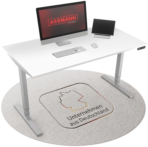 ASSMANN Höhenverstellbarer Schreibtisch elektrisch, 180x80cm, TÜV-geprüft | stufenlos verstellbar mit Aufprallschutz, ergonomischer Schreibtisch Made in Germany - Y-Line, Weiß/Silber