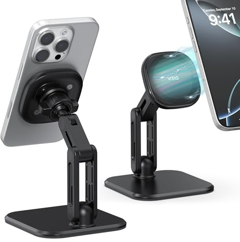 VRIG Magnetic Mobile Phone Stand Table, MG-31 Magnetic Mobile Phone Holder with Metal Rings Accessories, 360° Adjustable Ball Head Magnetic Stand for iPhone 16 15 14 13 12 Pro Max and Case, Samsung