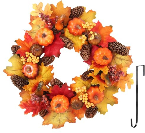 Türkranz Herbst Außen, 40cm Kürbisse Kranz Mit Künstliches Kürbisse, Ahornblatt, Beere, Tannenzapfen, Herbstkranz Für Haustür Künstliche Herbstkranz, Kranz Herbst Ahornblatt Für Halloween Thanksgiving