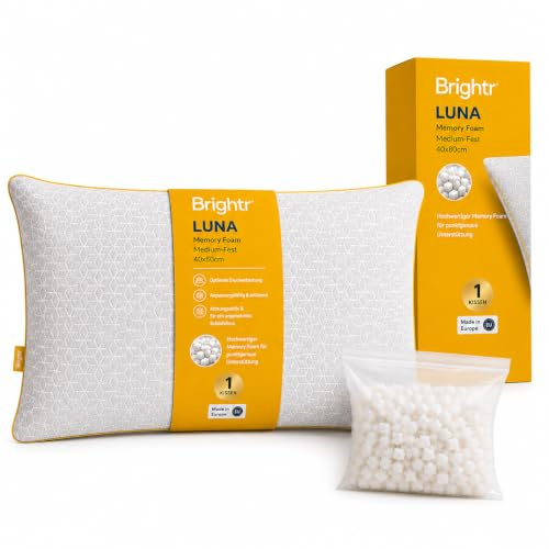 Brightr® Luna Memory Schaum Kopfkissen 40 × 80 cm | Höhenverstellbares Kissen für Seiten-, Rücken- & Bauchschläfer | Anpassbarer Komfort für Kopf & Nacken | Mittelfest