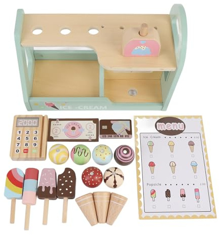 Naroote Holz-Eiscreme-Spielzeug, Realistisches Holz-Lebensmittel-Theke-Spielset mit Eiscreme und Bausteinen, Pädagogisches Spielzeug Zum Kochen für Kinder Im Alter von 3 - 6 Jahren