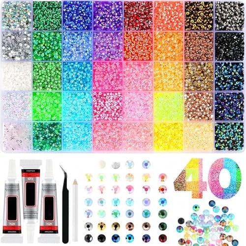 40 Colors Bedazzling Kit, 32000 Pcs Resin Nail Art Rhinestones | 3mm Flatback Gems, with Tweezers & Pickup Pen for DIY Nail Art Crafts Clothes Shoes