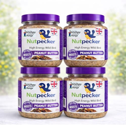 Grumpy Gardener NutPecker Peanut Butter Bird Food - Insects, 4 x 330g | High-Energy Suet Wild Bird Food with Insects, Made in the UK for Garden Feeders and Bird Tables