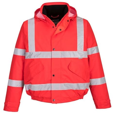 Portwest S463 Men's Hi-Vis Winter Bomber Jacket Waterproof Safety Cold Protection EN342 Certified Reflective Tape Texpel Eco Fabric Multiple Pockets Pack Away Hood, Red, 3XL