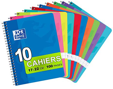 Oxford Lot de 10 Cahiers à Spirales 17 x 22cm 100 Pages Grands Carreaux Seyès 90g Coloris Assortis