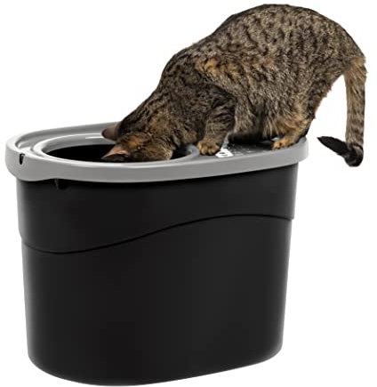 IRIS USA Large Simple Round Top Entry Cat Litter Box with Scoop, Curved Kitty Litter Pan with Litter Particle Catching Cover and Privacy Walls, Black/Gray