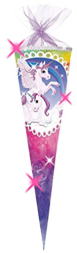 alles-meine.de GmbH 3-D Glitzer Effekt ! Schultüte - Einhorn & Pferd Pegasus - Regenbogen - 85 cm - eckig - Organza Abschluß - Zuckertüte - mit/ohne Kunststoff Spitze - N..
