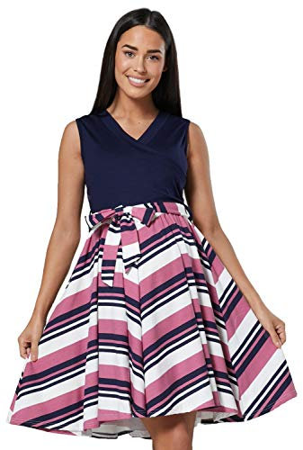 HAPPY MAMA. Donna Vestito Svasato prémaman L'Allattamento Disegno A Strati. 078p (Rosa Scuro con Strisce, IT 48, 2XL)