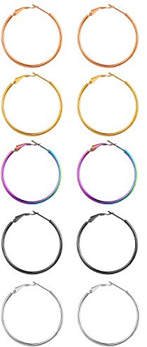 JewelryWe Schmuck 5 Paare Creolen Damen Edelstahl Hochglanz Poliert Große Ring Ohrringe Ohrhänger Ohrstecker Ohr-Piercings für Frauen Mädchen Silber/Gold/Rosgold/Schwarz/Bunt - Durchmesser: 40 mm