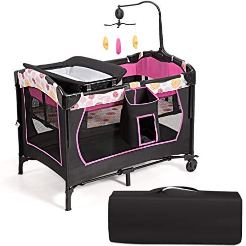 COSTWAY Lettino da Viaggio per Neonati Box Portatile, Lettino Pieghevole con Ruote e Materassino, Borsa di Trasporto e Giochi Inclusi (Rosa)