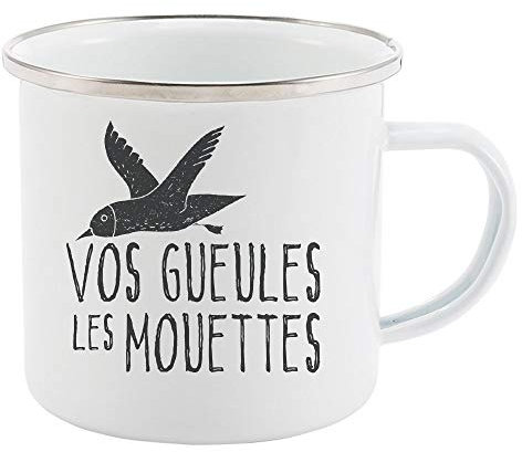 Mug Tasse Rétro en métal émaillé imprimé humour citation vos gueules les mouettes ref 1821