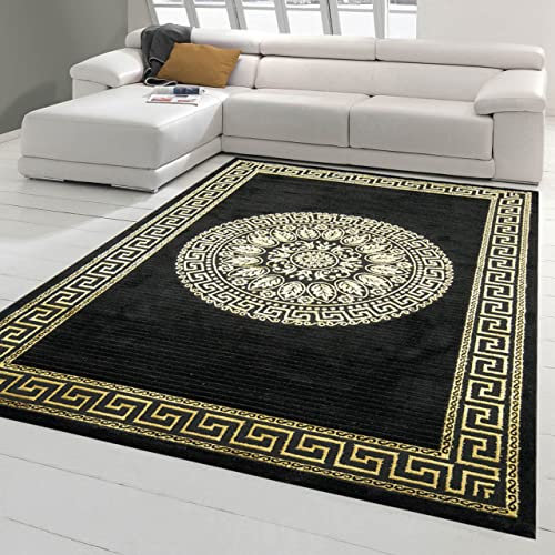 Teppich-Traum moderner Schlafzimmerteppich mit Mäander Muster in schwarz Gold, Größe 160x230 cm