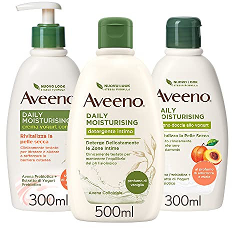 Aveeno Daily Moisturising Set Corpo con Detergente Intimo al profumo di Vaniglia 500 ml, Crema Corpo Idratante allo Yogurt 500 ml e Bagnoschiuma 300 ml al profumo di Albicocca – Esclusiva Amazon