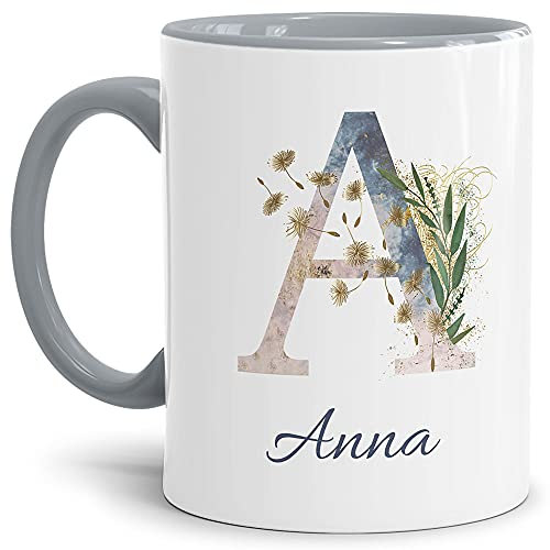 Tasse mit Buchstabe A und Blumen - mit Name personalisiert - Initiale, Namens-Tasse, Buchstaben Tasse, Geschenk I Keramik Innen & Henkel Grau, 300 ml