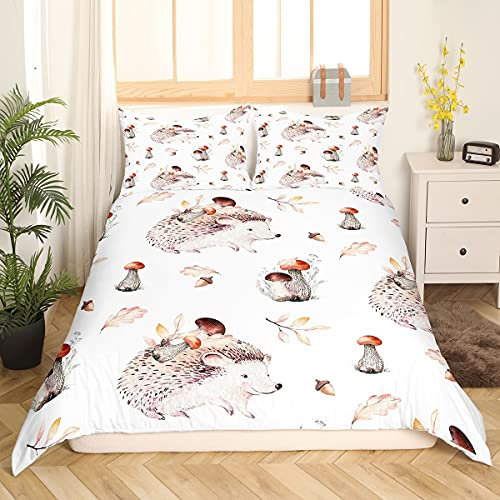 Homemissing Kinder Igel Bettbezug Set Mädchen Kawaii Pilz Igels Bettwäsche Set 135x200cm Niedlich Wildtier Betten Set für Kinderzimmer Dekor Herbst mit 1 Kissenbezug