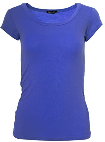 Easy Young Fashion - Damen Basic Rundhals T-Shirt - Kurzarm Unterziehshirt Skinny Fit 1001 - Blau L