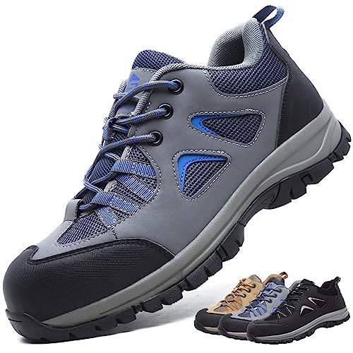 CYKYGGO Arbeitsschuhe Herren Sicherheitsschuhe Damen Leicht Atmungsaktiv rutschfeste Anti Smashing Stahlkappenschuhe Grau Blau 44