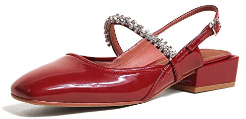 Lutalica W Moda donna in pelle verniciata chiusa punta quadrata glitter cristallo Strappy basso tacco grosso vestito Slingback pompe, Rosso, 44 EU