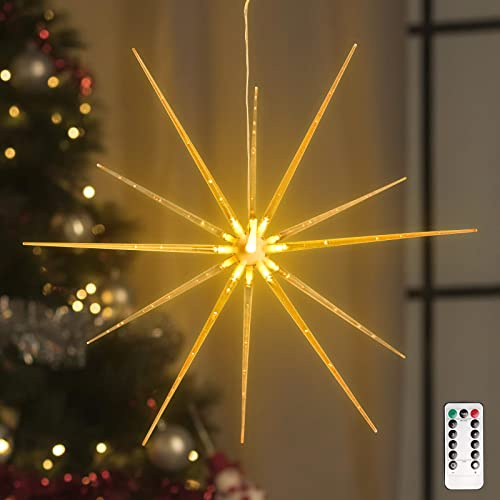 SALCAR 3D LED Weihnachtsstern Beleuchtet, 8 Beleuchtungs Modi Weihnachtsdeko mit Fernbedienung, 14 Eckige Acryl-Optik Hänge Leuchtstern für Fenster, Haus, Garten, Party - Warmweiß