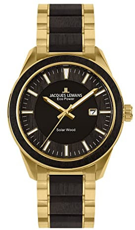 JACQUES LEMANS Holzuhr Herren, Solar Wood Herrenuhr - Model 1-2116J, Chronograph und Armband Gold beschichtet, Edelstahl mit Holzeinlage für Männer, Armbanduhr Holz Herren Holzuhren für Herren