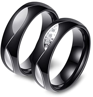 Dsnyu Partner Ringe Gravur, Partnerringe Edelstahl mit Gravur 6MM Breite Runden Zirkonia Poliert Partner Ringe Set SchwarzDamen Gr. 52 (16.6) & Herren Gr. 67 (21.3)