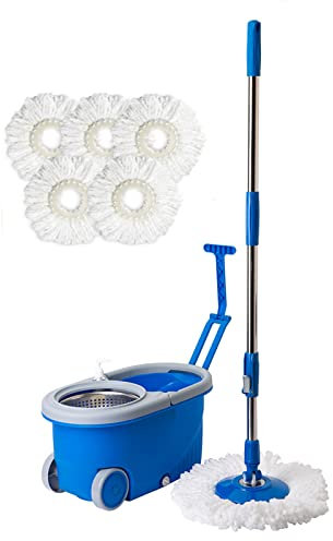 Turbo Microfibre Mop and Bucket Set, Spin Mop with Foot Pedal Bucket and 6 Microfiber Pads, 360 Spin Mop for Cleaning Floors, Spin Wringer, Set of 1x Mop and 1x Bucket (BLUE)
