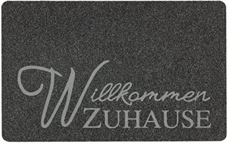 Astra Fussmatte innen mit Motiven - Passt unter die Eingangstür - Schmutzfangmatte strapazierfähig - Türmatte rutschfest - 50x80 cm Willkommen Zuhause grau
